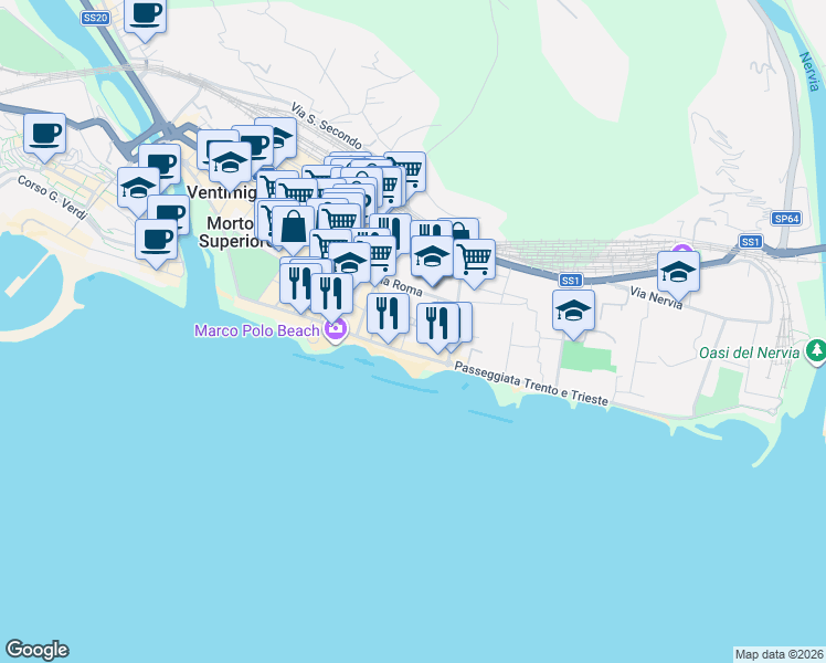 map of restaurants, bars, coffee shops, grocery stores, and more near 23 Via Asse in Ventimiglia