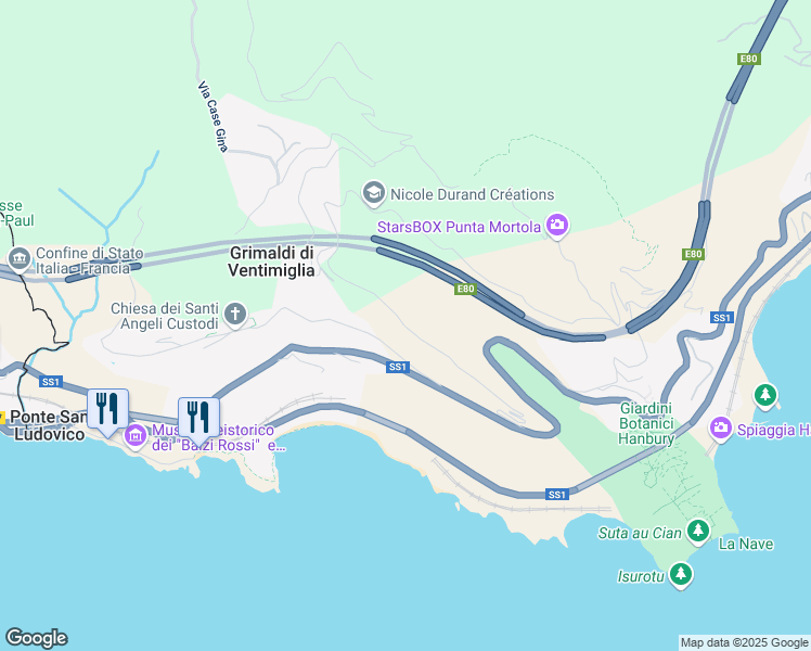 map of restaurants, bars, coffee shops, grocery stores, and more near 8 Via delle Ginestre in Provincia di Imperia