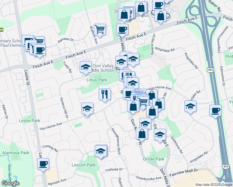 map of restaurants, bars, coffee shops, grocery stores, and more near 174 Rusty Crestway in Toronto