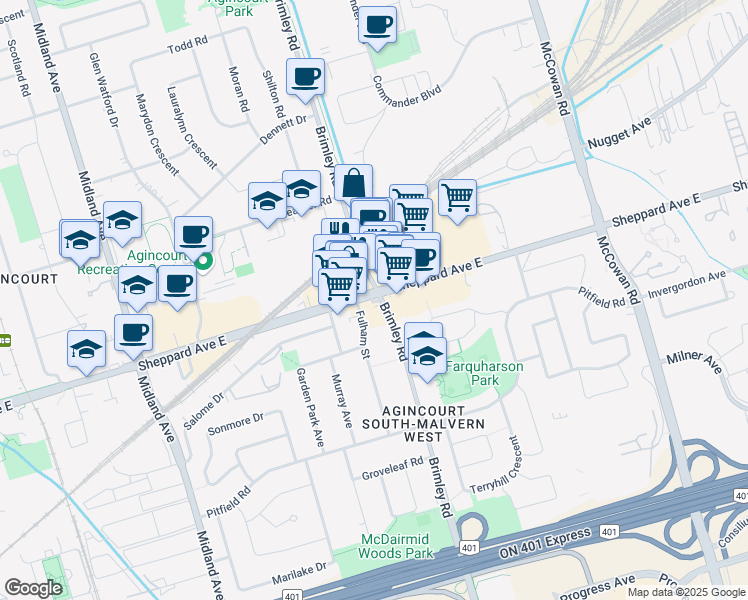 map of restaurants, bars, coffee shops, grocery stores, and more near 4421 Sheppard Avenue East in Toronto
