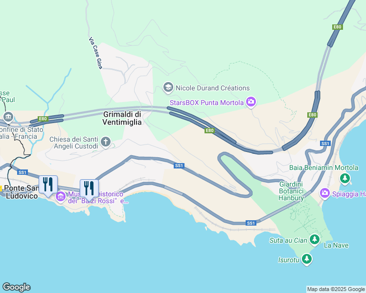 map of restaurants, bars, coffee shops, grocery stores, and more near 8 Via delle Ginestre in Provincia di Imperia