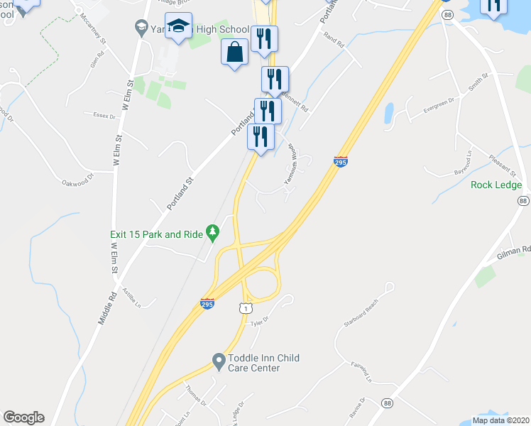 map of restaurants, bars, coffee shops, grocery stores, and more near 7 Jonesport Court in Yarmouth