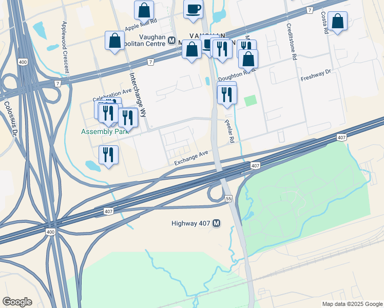 map of restaurants, bars, coffee shops, grocery stores, and more near Exchange Ave in Regional Municipality of York