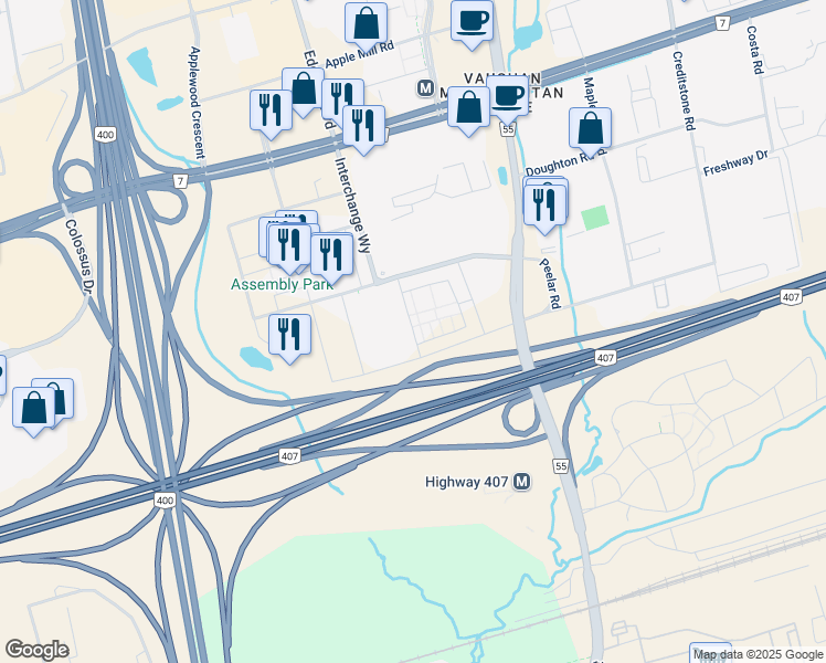 map of restaurants, bars, coffee shops, grocery stores, and more near 300 Exchange Avenue in Vaughan