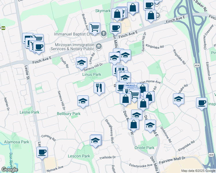 map of restaurants, bars, coffee shops, grocery stores, and more near Rusty Crestway in Toronto