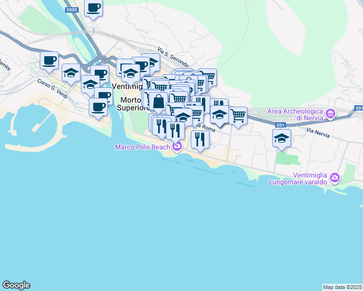 map of restaurants, bars, coffee shops, grocery stores, and more near 41 Via Vittorio Veneto in Ventimiglia