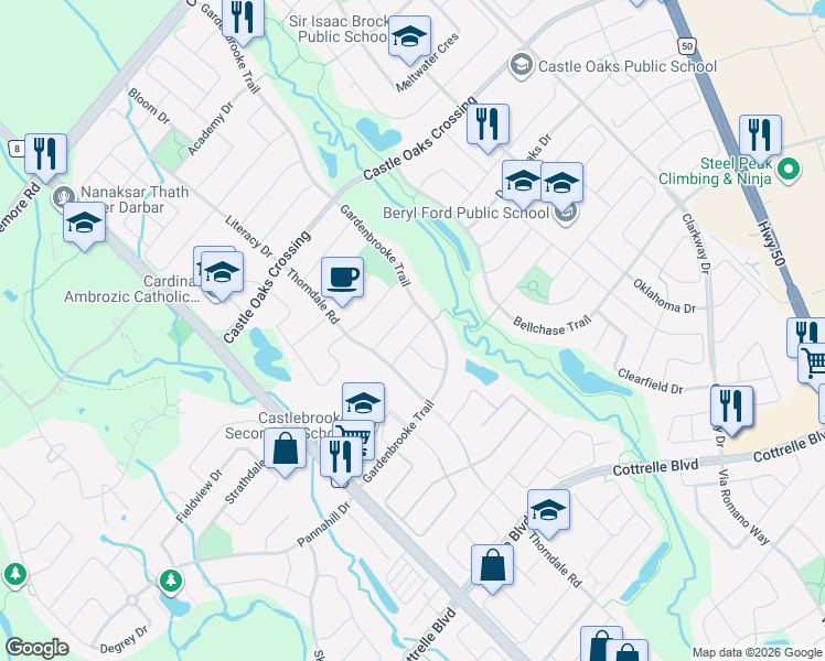 map of restaurants, bars, coffee shops, grocery stores, and more near 29 Rouge Street in Brampton