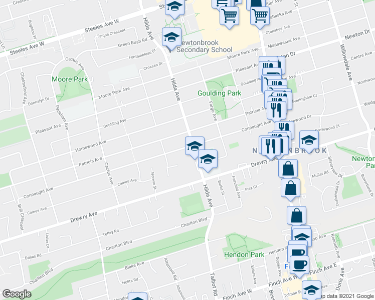 map of restaurants, bars, coffee shops, grocery stores, and more near 153 Connaught Avenue in Toronto