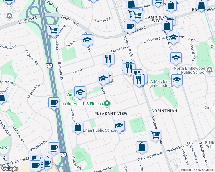 map of restaurants, bars, coffee shops, grocery stores, and more near 175 Brian Drive in Toronto