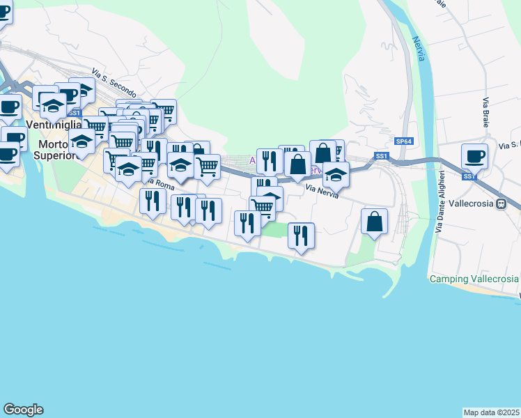 map of restaurants, bars, coffee shops, grocery stores, and more near 8 Via Tacito in Ventimiglia