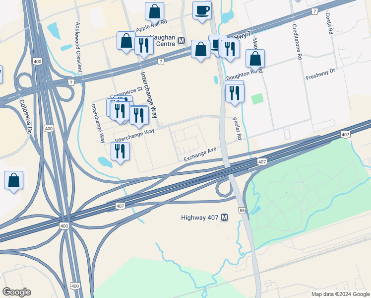 map of restaurants, bars, coffee shops, grocery stores, and more near in Vaughan