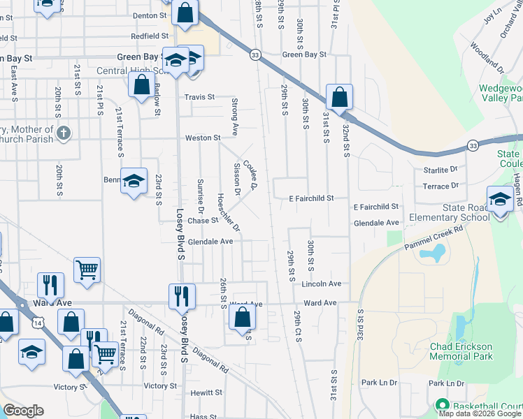 map of restaurants, bars, coffee shops, grocery stores, and more near 2275 Coulee Drive in La Crosse