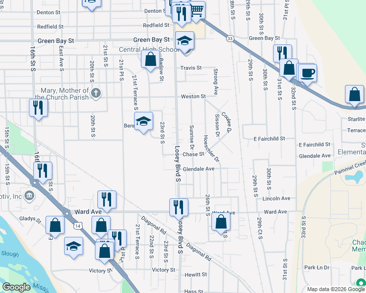 map of restaurants, bars, coffee shops, grocery stores, and more near in La Crosse