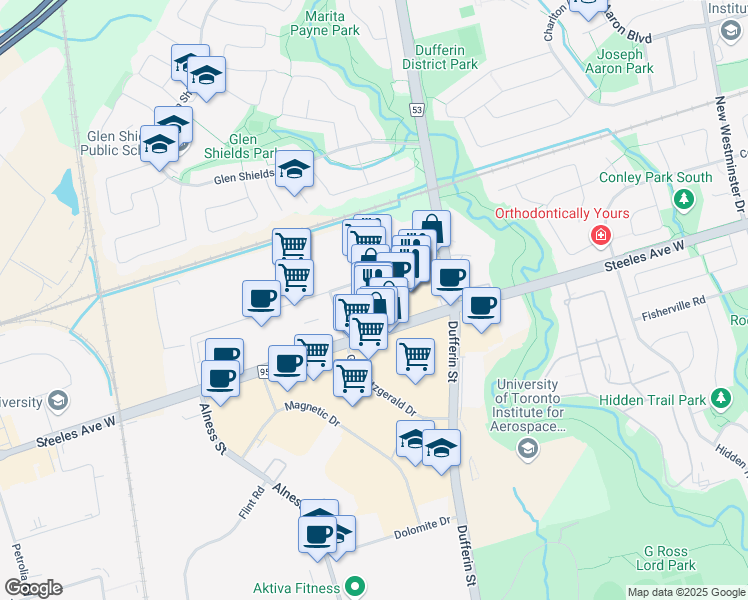 map of restaurants, bars, coffee shops, grocery stores, and more near 240 Viceroy Road in Vaughan