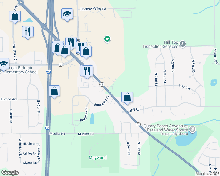 map of restaurants, bars, coffee shops, grocery stores, and more near 3918 Enterprise Drive in Sheboygan