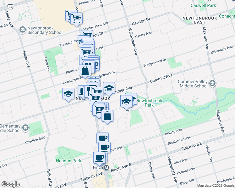 map of restaurants, bars, coffee shops, grocery stores, and more near 65 Cummer Avenue in Toronto