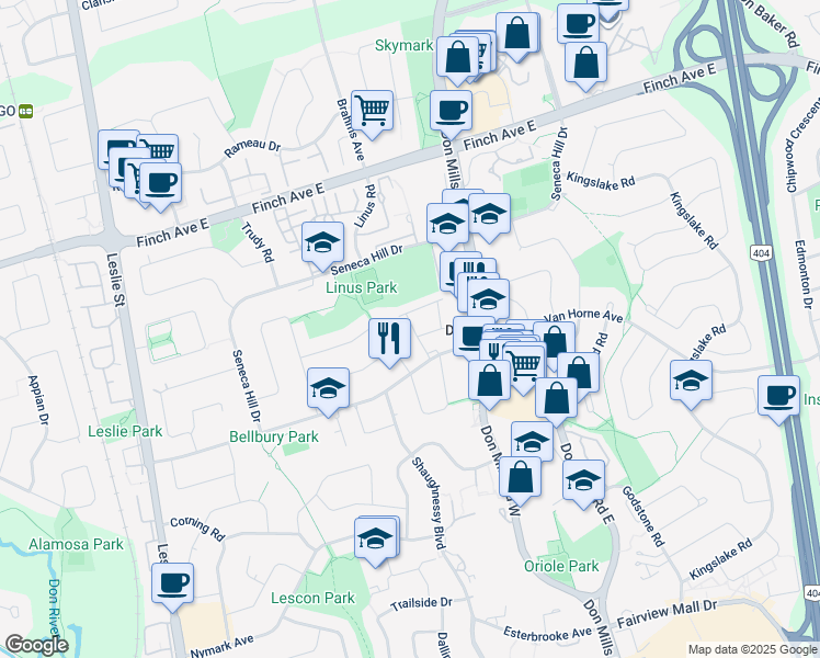 map of restaurants, bars, coffee shops, grocery stores, and more near 34 Rusty Crestway in Toronto