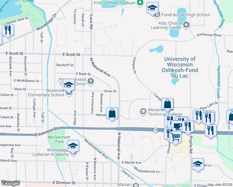 map of restaurants, bars, coffee shops, grocery stores, and more near 328 North National Avenue in Fond du Lac