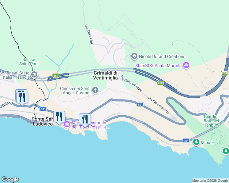 map of restaurants, bars, coffee shops, grocery stores, and more near 18 Via della Pace in Grimaldi