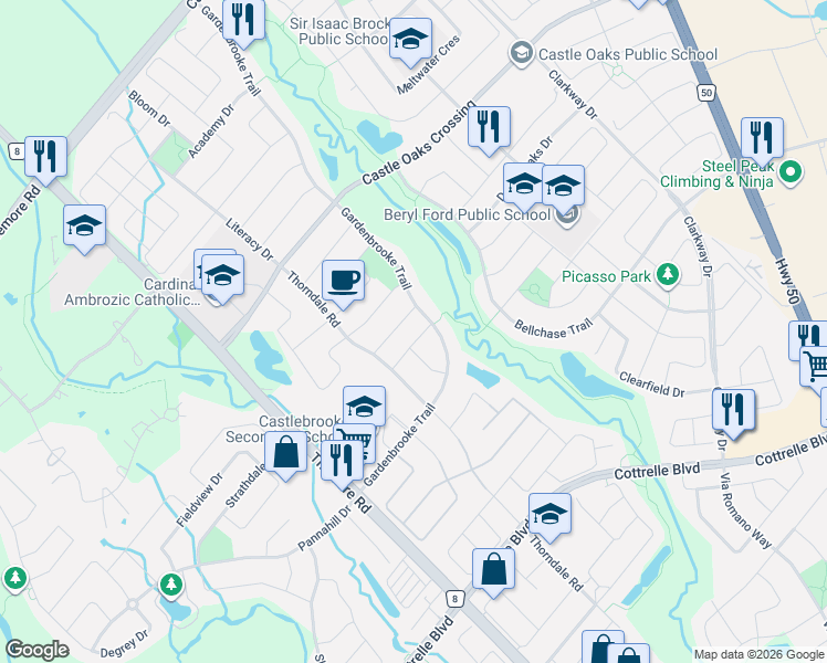 map of restaurants, bars, coffee shops, grocery stores, and more near 34 Toddville Road in Brampton
