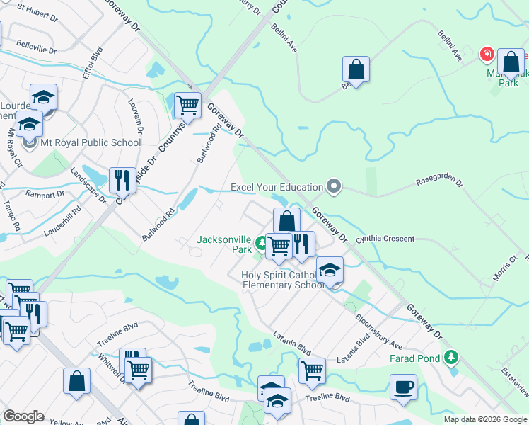 map of restaurants, bars, coffee shops, grocery stores, and more near 26 Bakersfield Road in Brampton