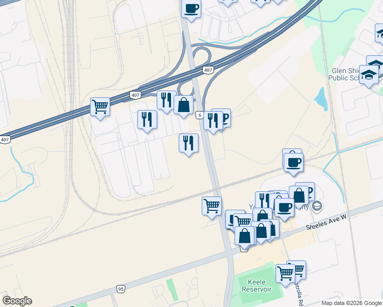 map of restaurants, bars, coffee shops, grocery stores, and more near 7250 Keele Street in Vaughan