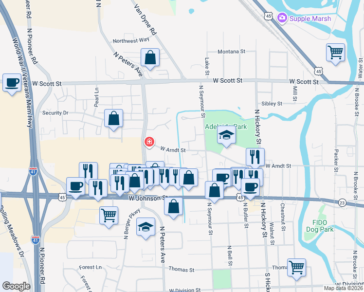 map of restaurants, bars, coffee shops, grocery stores, and more near 653 West Arndt Street in Fond du Lac