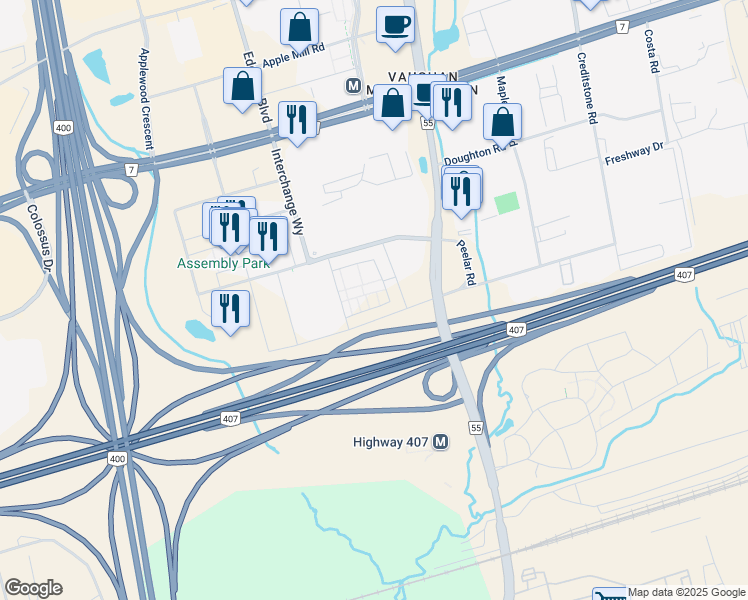 map of restaurants, bars, coffee shops, grocery stores, and more near in Vaughan