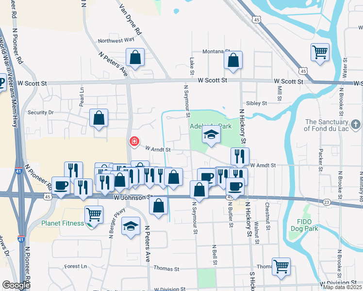 map of restaurants, bars, coffee shops, grocery stores, and more near 571 West Arndt Street in Fond du Lac