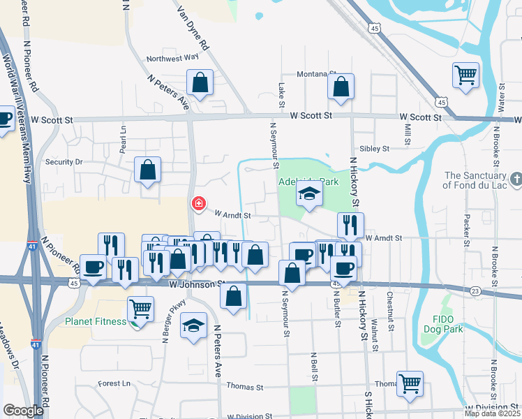 map of restaurants, bars, coffee shops, grocery stores, and more near 571 West Arndt Street in Fond du Lac