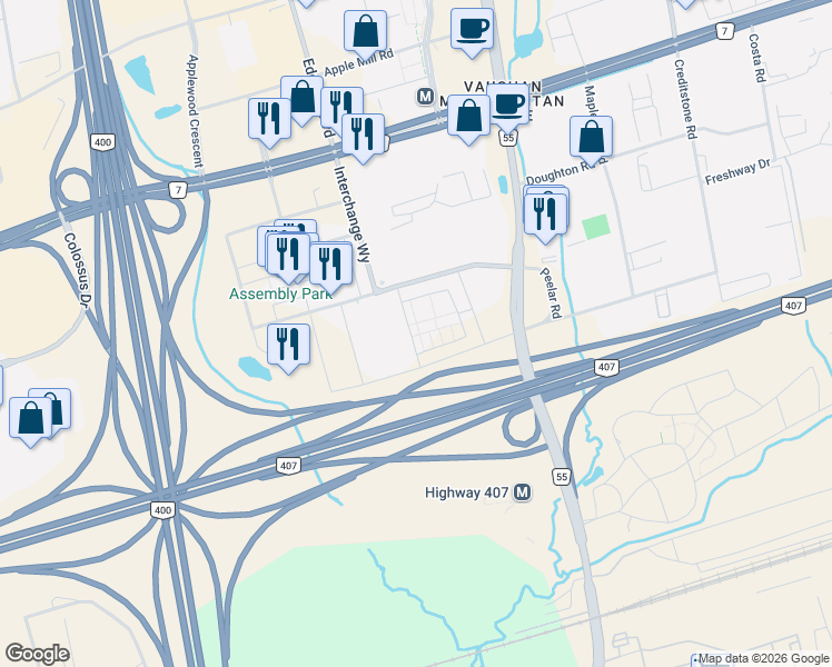 map of restaurants, bars, coffee shops, grocery stores, and more near 31 Mable Smith Way in Vaughan