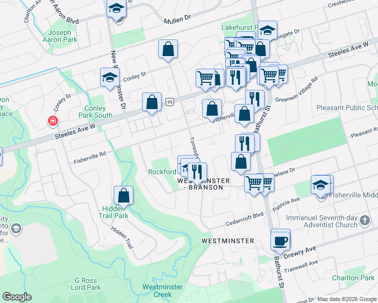 map of restaurants, bars, coffee shops, grocery stores, and more near 256 Torresdale Avenue in Toronto