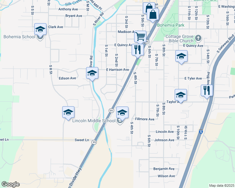 map of restaurants, bars, coffee shops, grocery stores, and more near 1103 South 2nd Street in Cottage Grove