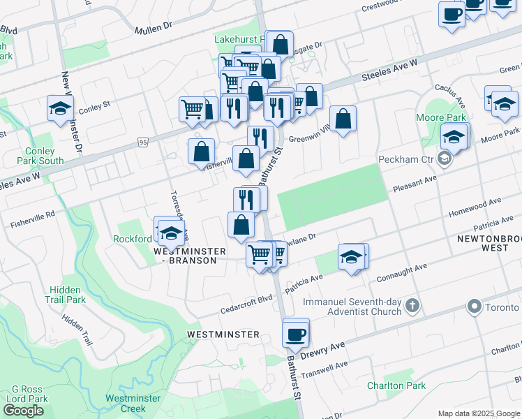 map of restaurants, bars, coffee shops, grocery stores, and more near 6030 Bathurst Street in Toronto