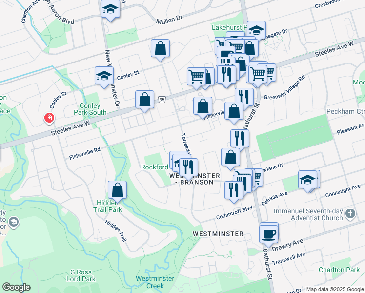 map of restaurants, bars, coffee shops, grocery stores, and more near 256 Torresdale Avenue in Toronto