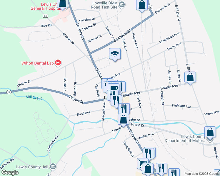 map of restaurants, bars, coffee shops, grocery stores, and more near 5424 Park in Lowville