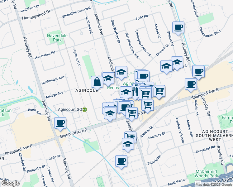 map of restaurants, bars, coffee shops, grocery stores, and more near in Toronto