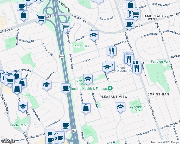 map of restaurants, bars, coffee shops, grocery stores, and more near in Toronto