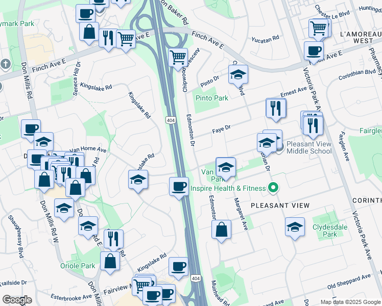 map of restaurants, bars, coffee shops, grocery stores, and more near in Toronto