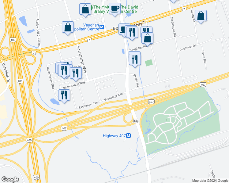 map of restaurants, bars, coffee shops, grocery stores, and more near Exchange Ave in Regional Municipality of York