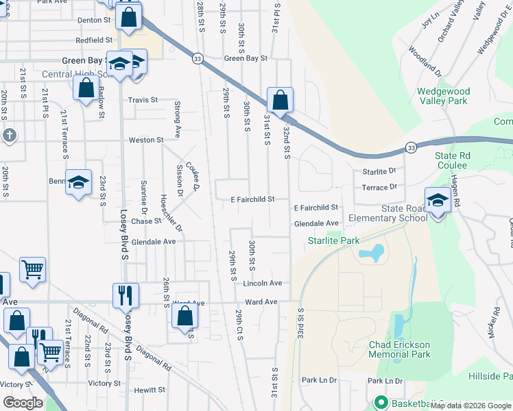 map of restaurants, bars, coffee shops, grocery stores, and more near 2226 30th Street South in La Crosse