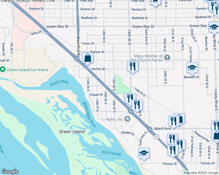 map of restaurants, bars, coffee shops, grocery stores, and more near 2254 15th Street South in La Crosse