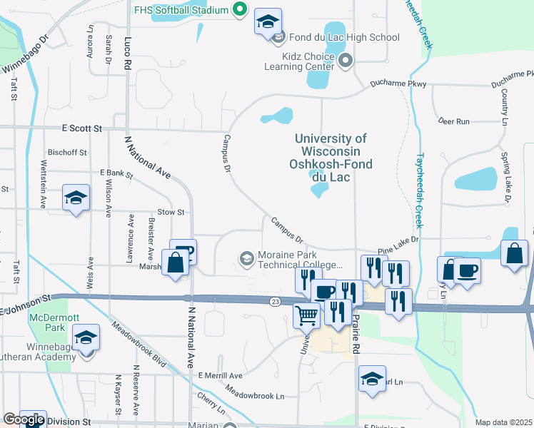 map of restaurants, bars, coffee shops, grocery stores, and more near 468 Campus Drive in Fond du Lac