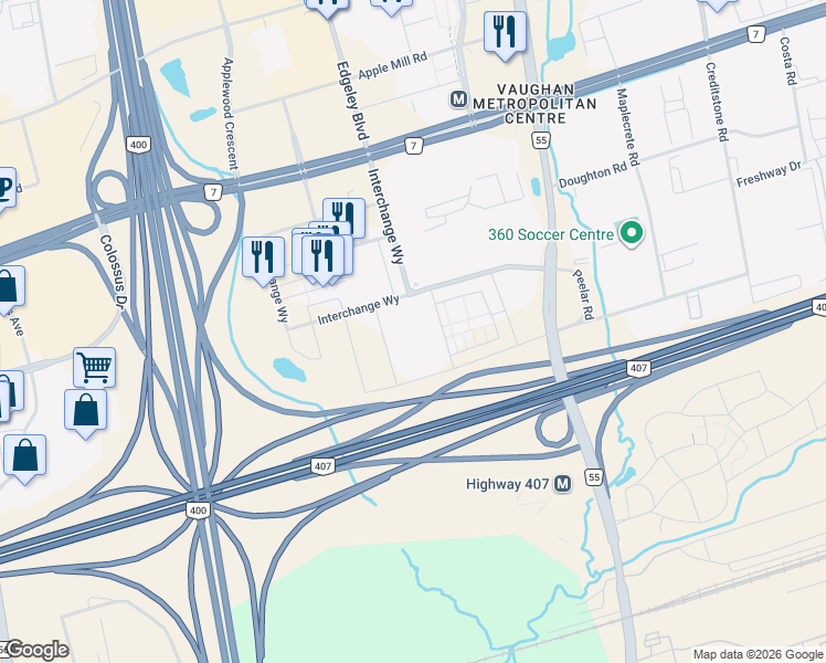 map of restaurants, bars, coffee shops, grocery stores, and more near 200 Interchange Way in Vaughan