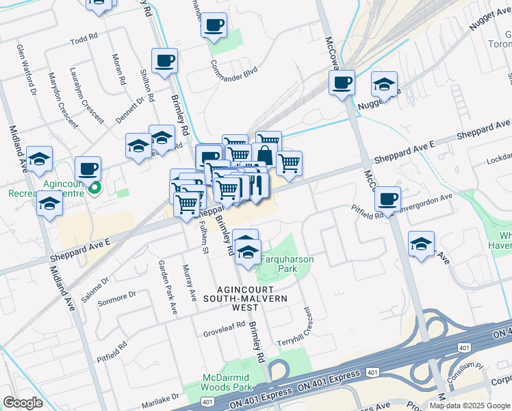 map of restaurants, bars, coffee shops, grocery stores, and more near in Toronto