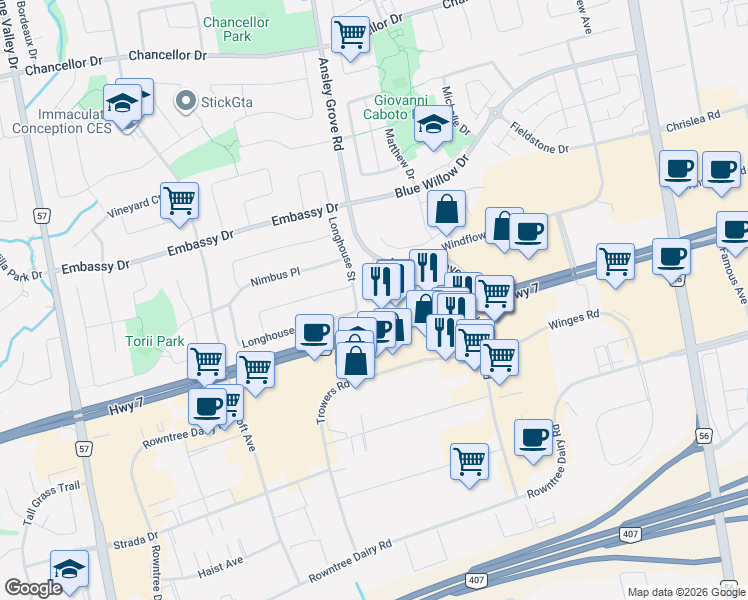 map of restaurants, bars, coffee shops, grocery stores, and more near 97 Pinedale Gate in Vaughan