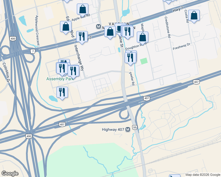 map of restaurants, bars, coffee shops, grocery stores, and more near 90 Honeycrisp Crescent in Vaughan