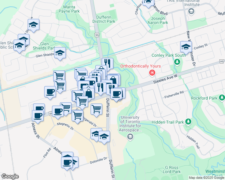map of restaurants, bars, coffee shops, grocery stores, and more near 1500 Steeles Avenue West in Vaughan