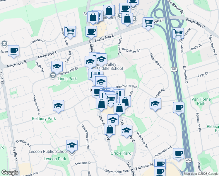 map of restaurants, bars, coffee shops, grocery stores, and more near 2 Axsmith Crescent in Toronto