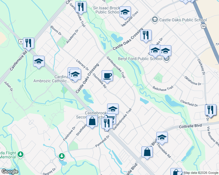 map of restaurants, bars, coffee shops, grocery stores, and more near 8 Penelope Street in Brampton